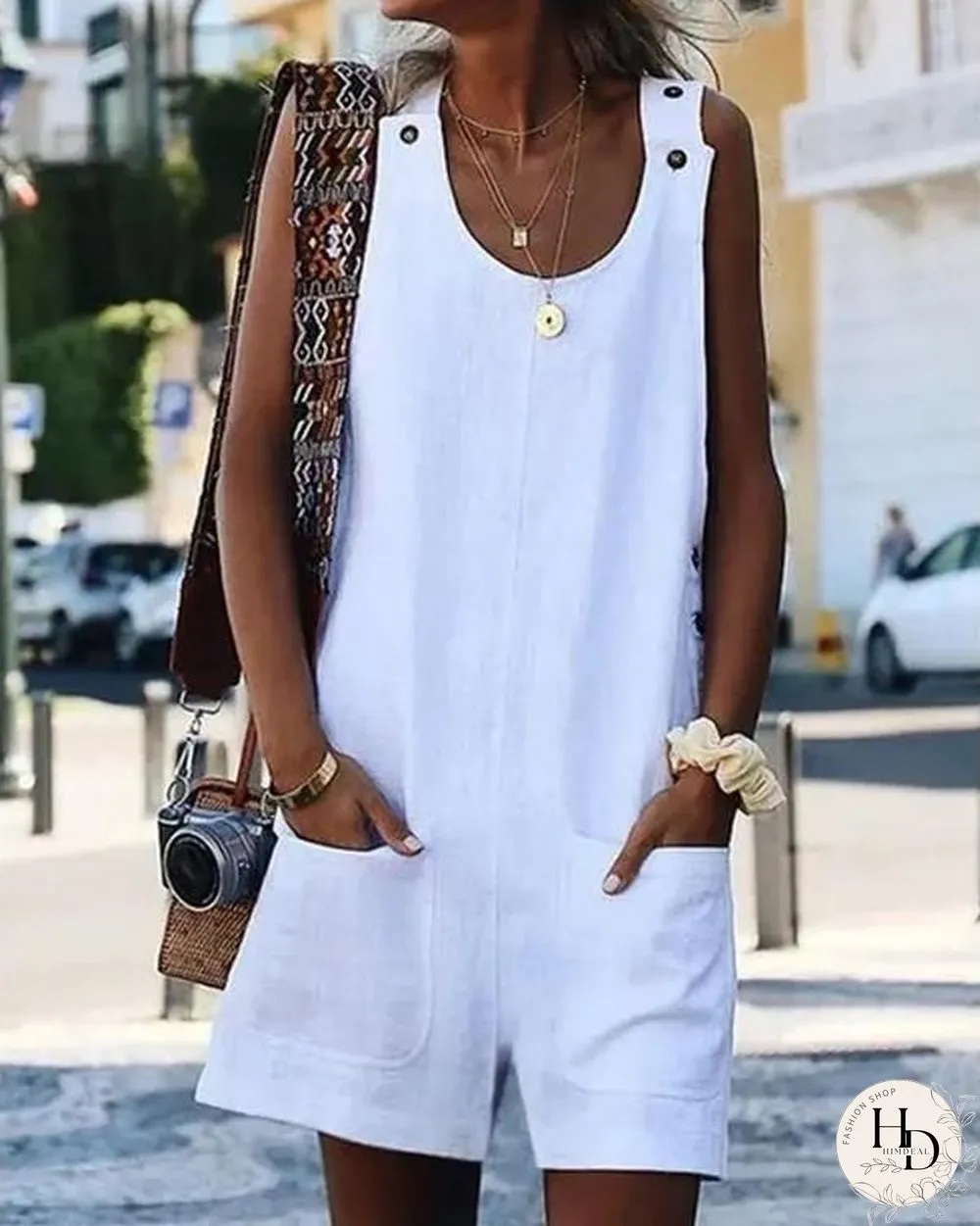 Button Strap Cotton Linen Romper