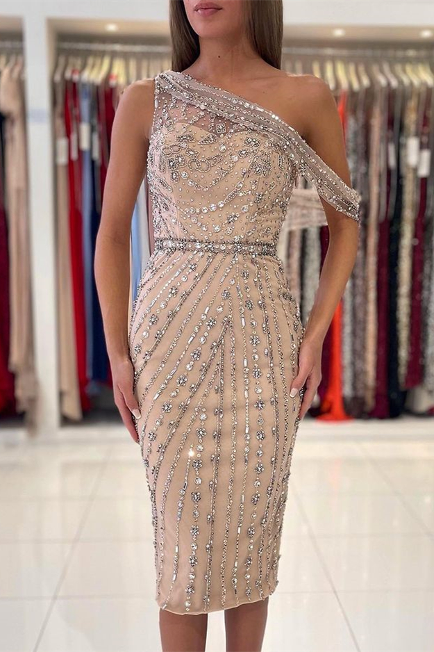 Oknass Luxurious One Shoulder Knee-Length Sheath Short Prom Dress With Crystals