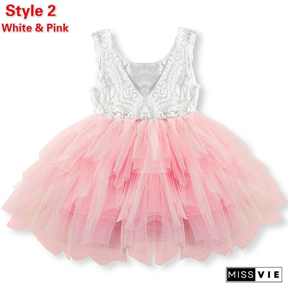 Girl's Fashion Backless Dress Appliques Flower Clothes Layered Mesh Princess Dress for Summer Beach Casual Wear 2 Styles