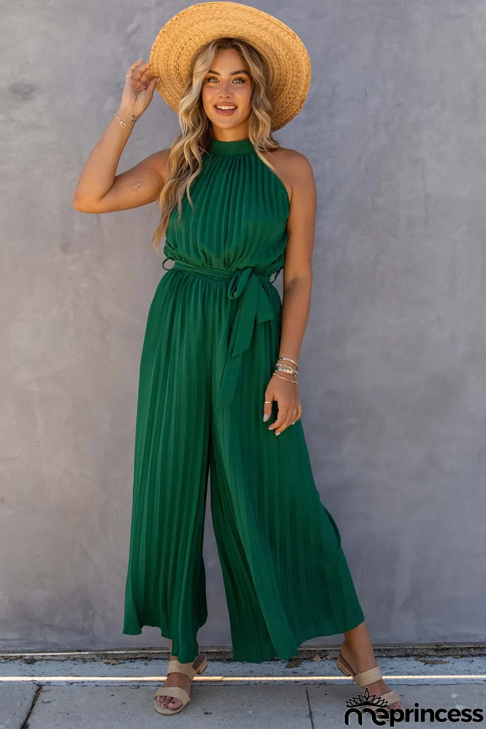 Green Halter Neck Pleated Wide Leg Jumpsuit with Belt