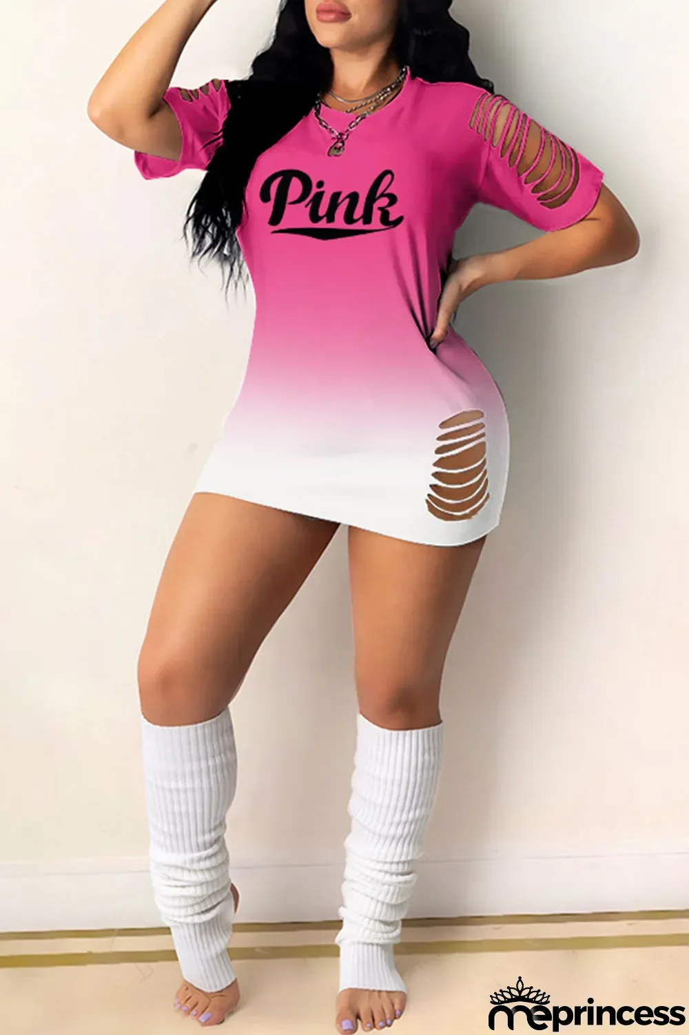 Pink Sexy Gradual Change Letter Ripped O Neck Wrapped Skirt Dresses