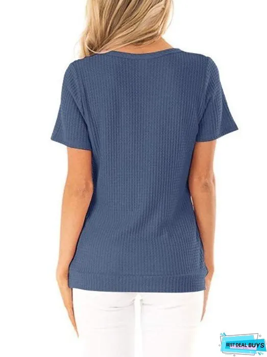Short Sleeve V Neck Wrap Knit Top Hem Button T-Shirt