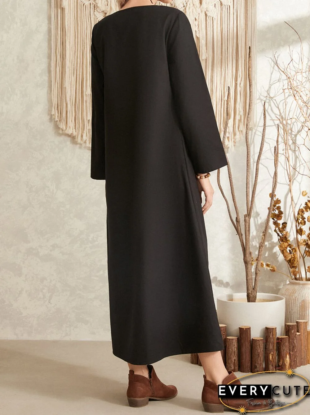 Tribal Pattern Long Sleeve O-neck Pocket Maxi Dress