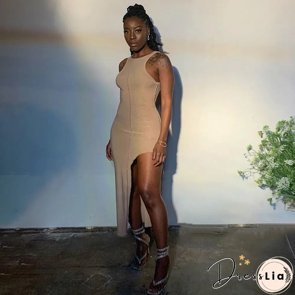 Women Summer Patchwork Bodycon Solid Color Sleeveless Split Long Tank Dress  Female Clothing Streetwear