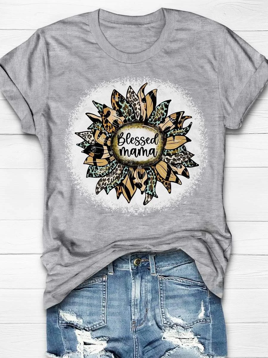 Blessed Mama Leopard Sunflower Print Short Sleeve T-shirt