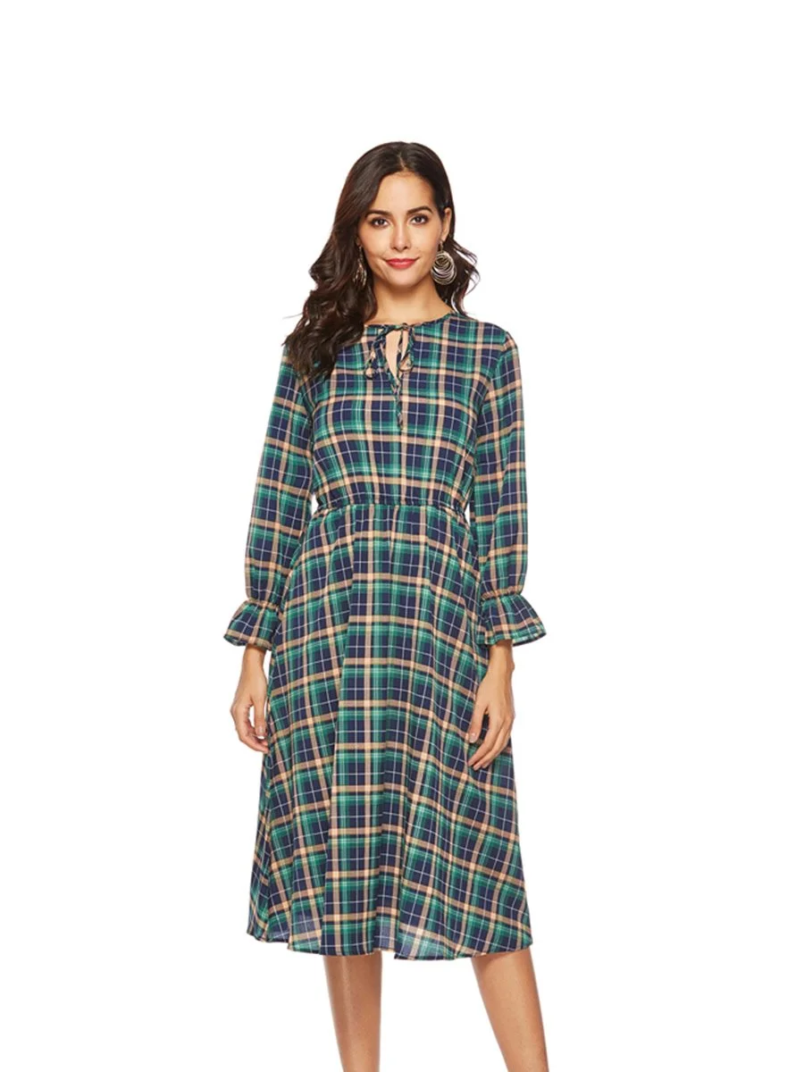 Vintage Dresses Long Sleeve Lace Up Plaid Pattern Midi Dresses