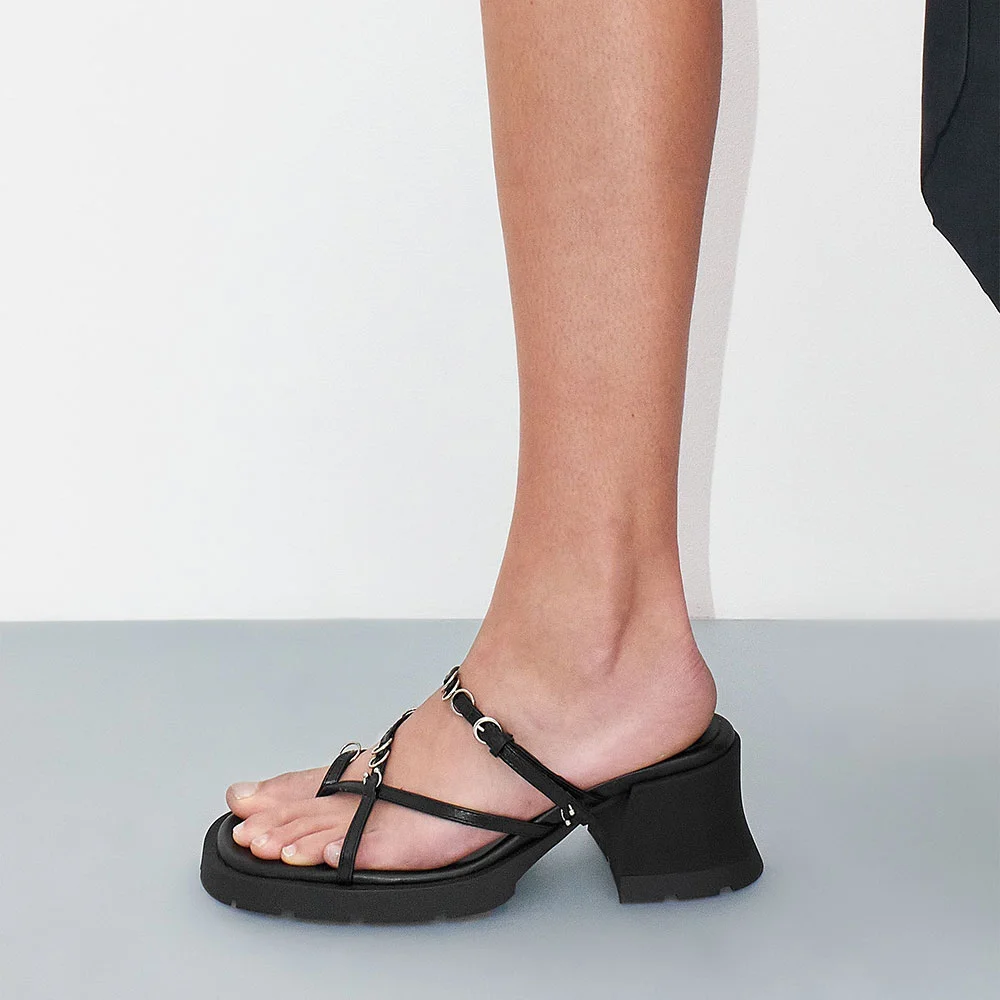 Black Round Toe Chunky Heel Hoops Buckle Flip Flops Mules Sandals