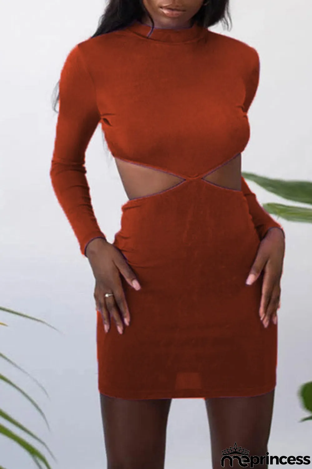 Apricot Fashion Sexy Solid Hollowed Out O Neck One Step Skirt Dresses