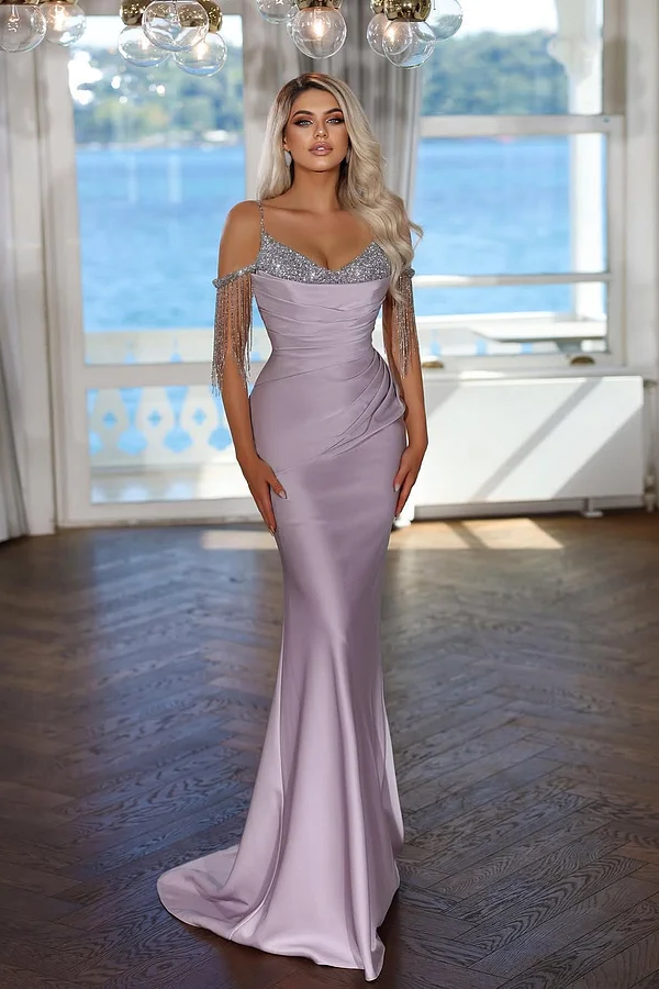 Daisda Sleeveless Spaghetti Straps V-Neck Beads Mermaid Prom Dress