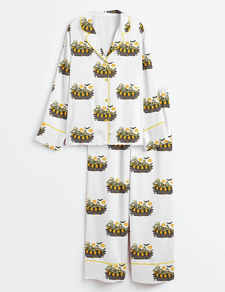 Women&rsquo;s Summerween Spooky Skeleton Summer Halloween Girly Summer Beach Vibes Print Long Sleeve Satin Pajama Set