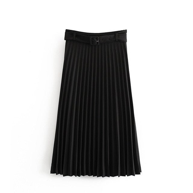 Solid Pleated Loose Skirt Sashes Mid Calf Skirts Womens High Waist Vintage Faldas Spring Autumn Pure High Quality Jupe Femme