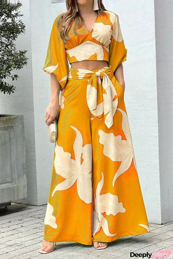 Fashion Print V-Neck Long Sleeve Top & Wide Leg Pants Two-Piece Set