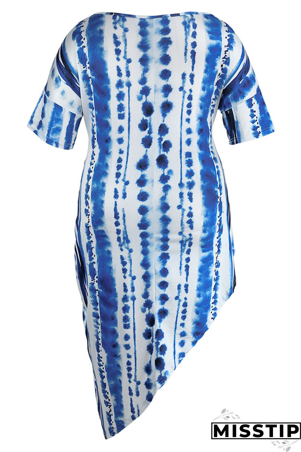 Blue Fashion Casual Print Bandage Asymmetrical O Neck Plus Size Tops