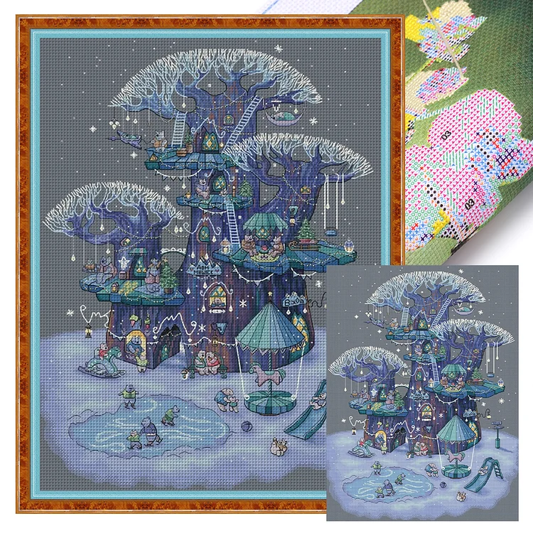 Animals In Tree House 14CT Stamped Cross Stitch 40*55CM