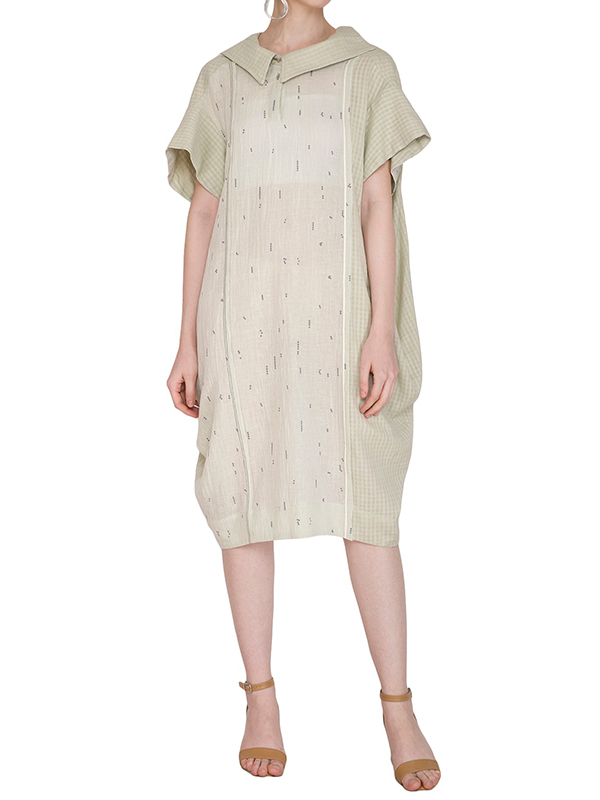 Print Patchwork Short Sleeve Turn Down Collar Midi Dress
