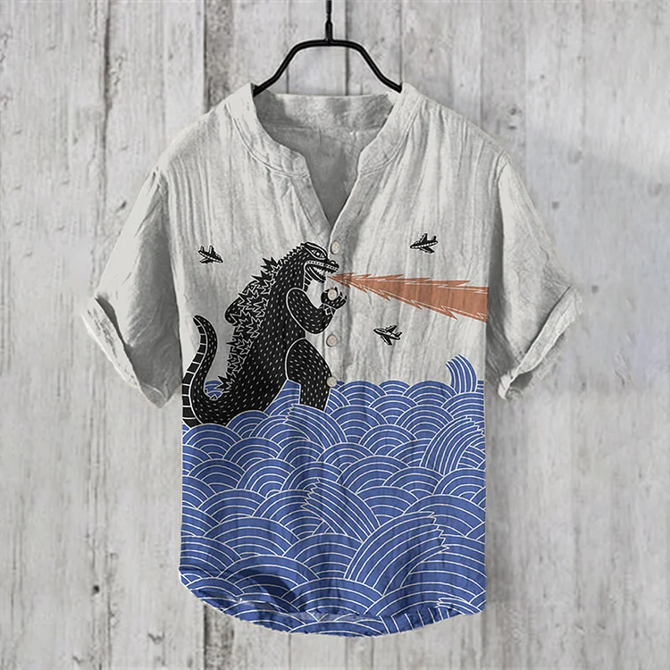 The Great Waves And Godzilla Japanese Art Print V-Neck Linen Blend Shirt