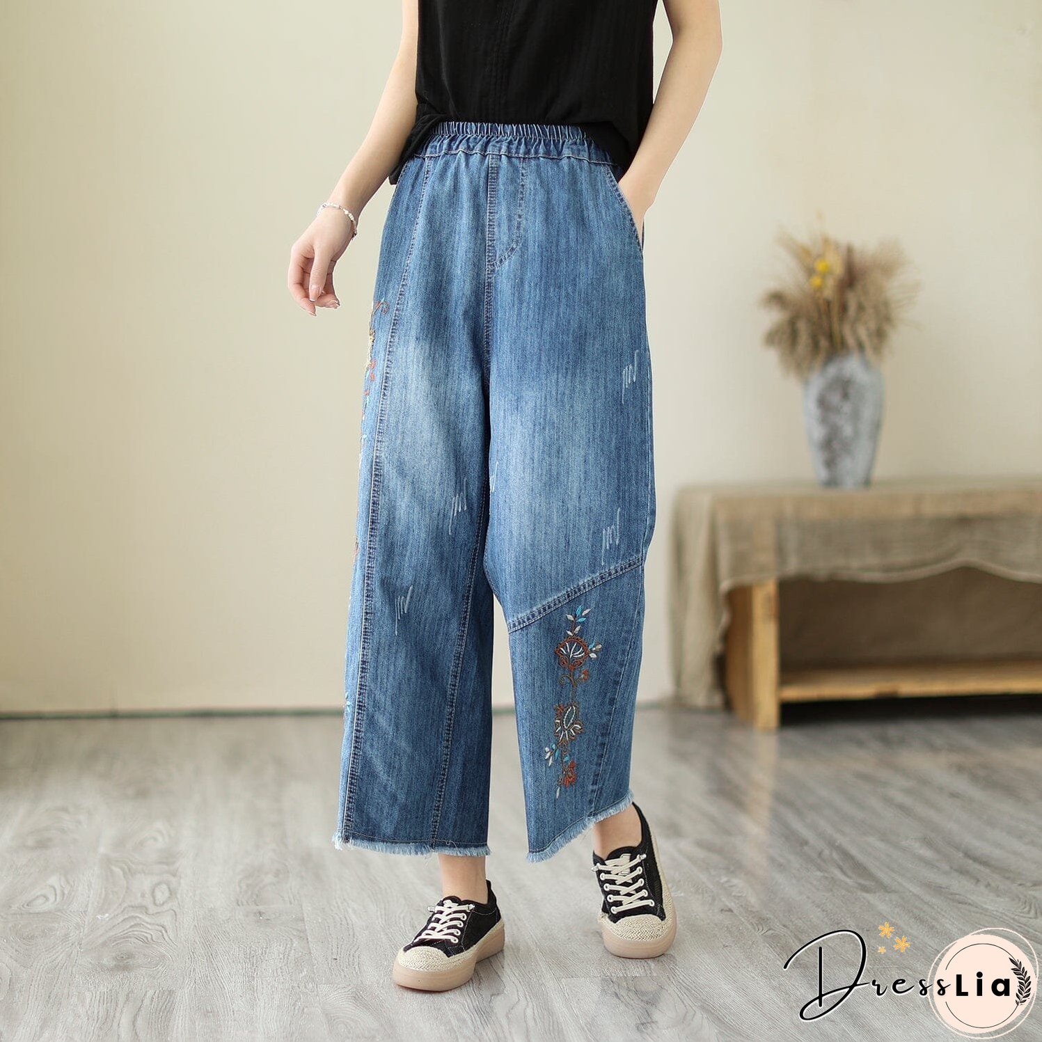 Summer Casual Embroidery Wide Leg Denim Pants