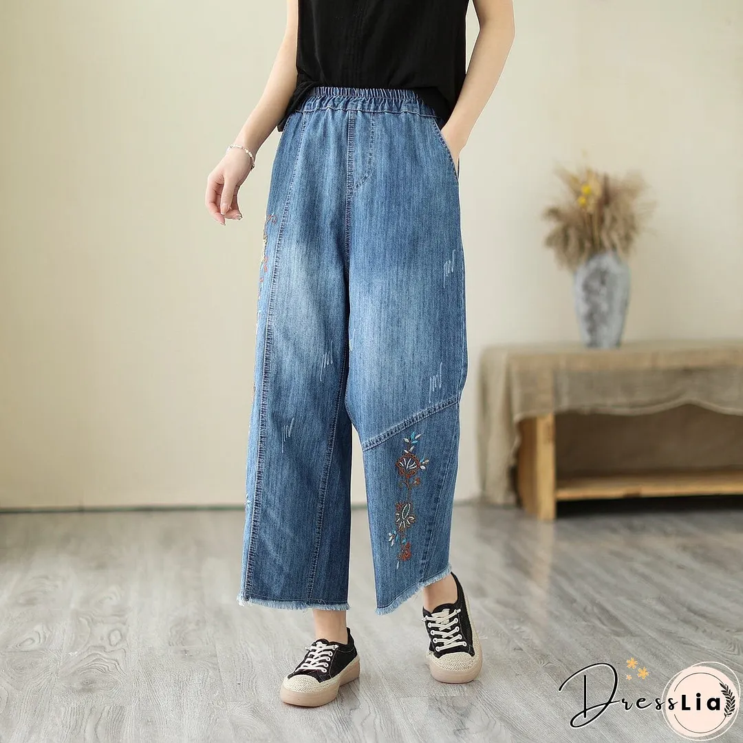 Summer Casual Embroidery Wide Leg Denim Pants