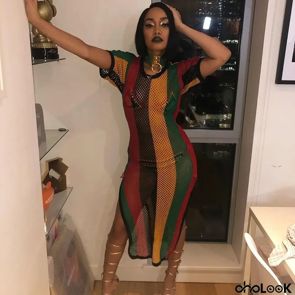 Sexy Multicolor Mesh Striped Dress