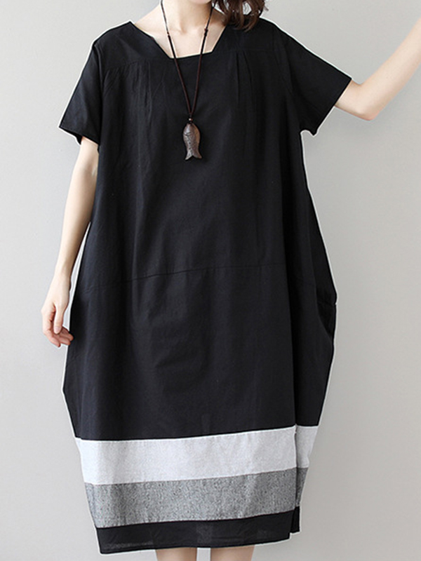 Contrast Stripe Patchwork Short Sleeve Loose Midi Dress