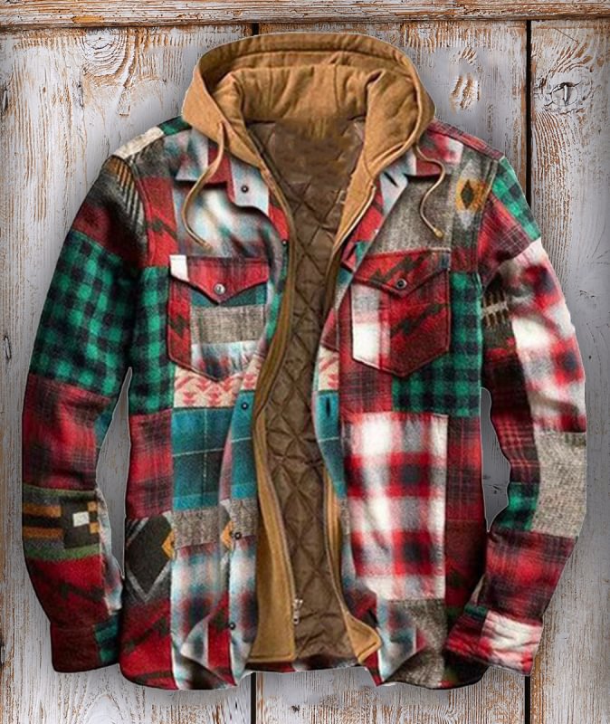 Men's Autumn and Winter Plaid Long Sleeve Loose Hooded Jacket
