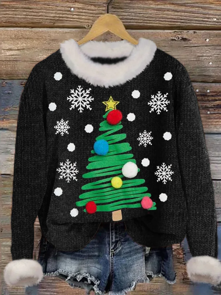 Comstylish Christmas in the Snow Fur Collar Sweater