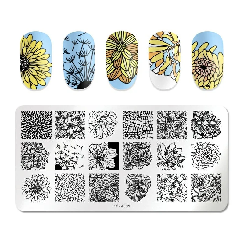 PICT YOU Rectangle Stamping Plates Rose Flower Series Image Design Stamp Stainless Steel Nail Art Design Template Tools J002-Nail Inspo