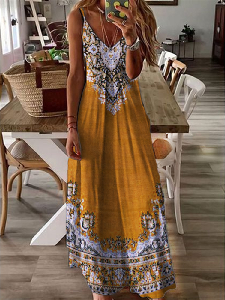 Boho Ethnic Floral V Neck Cami Max Dress wearshes