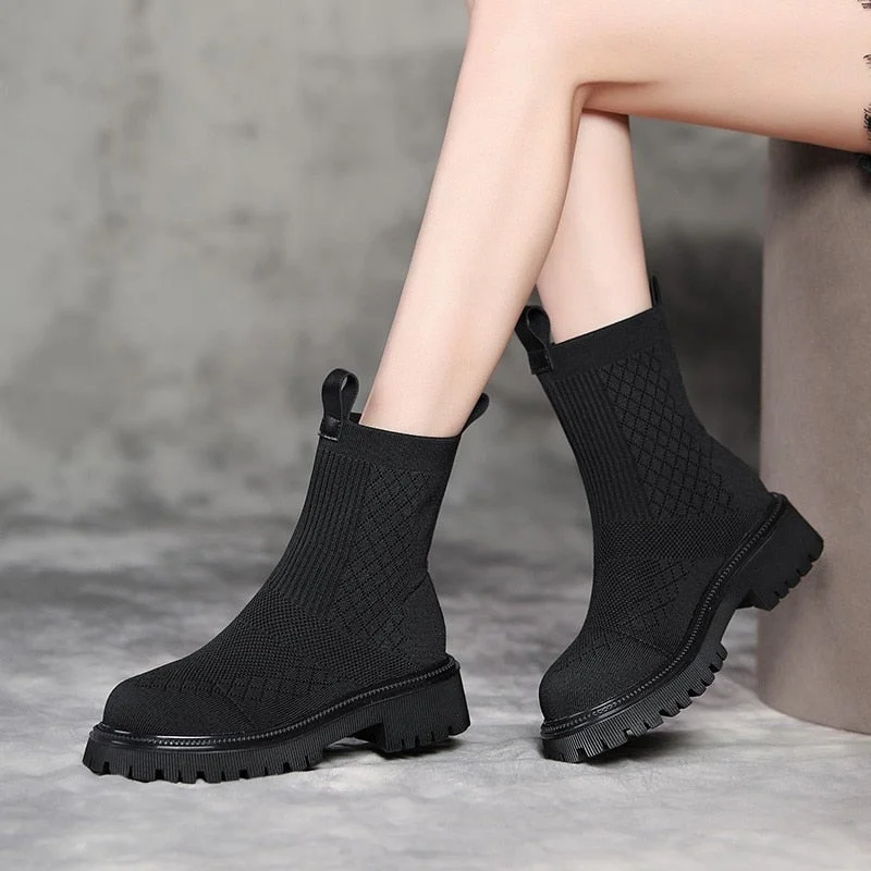 2022 Women Black Sock Female Elastic Mesh Plush Warm Platform Vintage Leisure Comfort Shoes Size 35-40 Ytmtloy Chelsea Boots