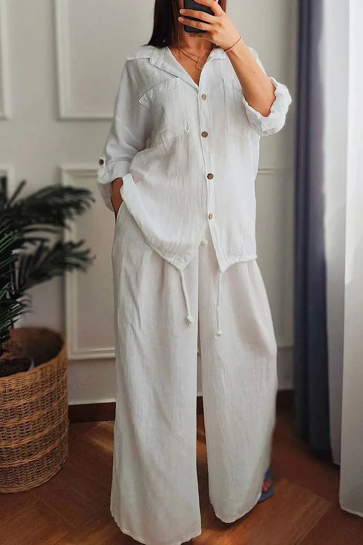 Women's 2024 Casual Cotton Linen 2Piece Set Long Sleeve Single Breasted Top and Wide Leg Pants