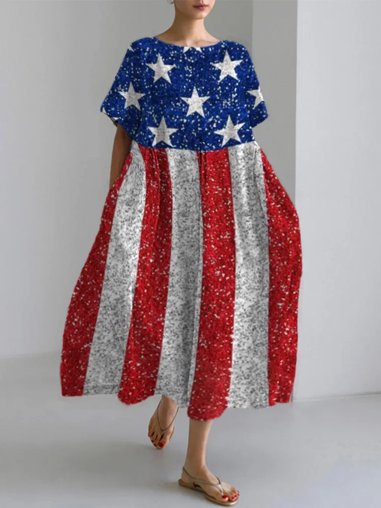 Comstylish Vintage Flag Independence Day Print Casual Linen Blend Dress