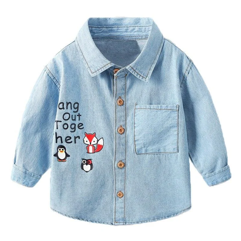 Mudkingdom Boys Denim Shirts Cute Cartoon Animal Pattern Fashion Boys Clothes