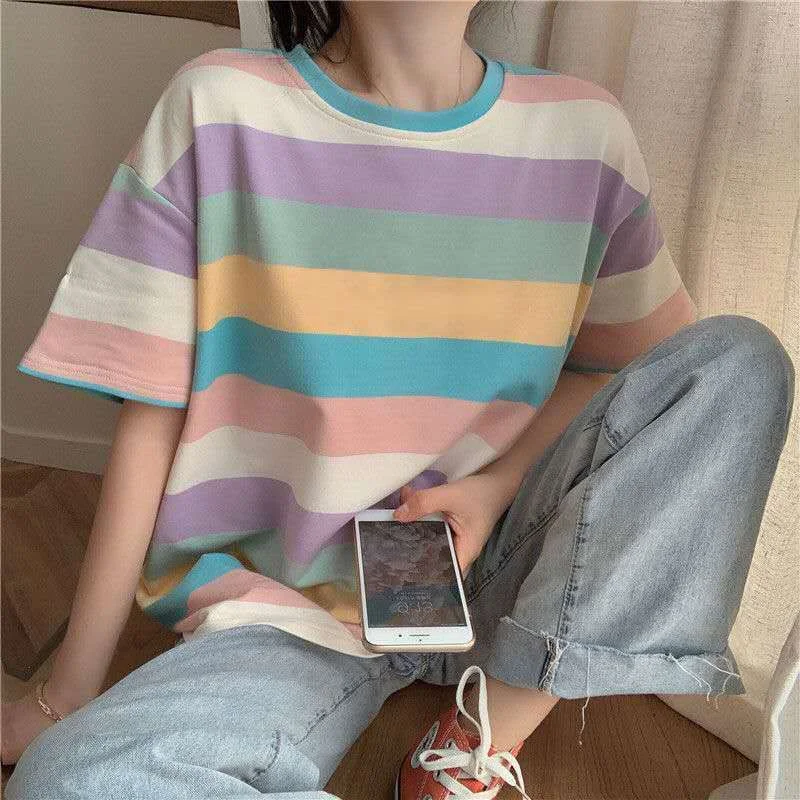 T-shirts Women Striped Printed Preppy Casual Loose Korean Style Ins Chic BF Summer Students All-match Daily Harajuku Hot Sales