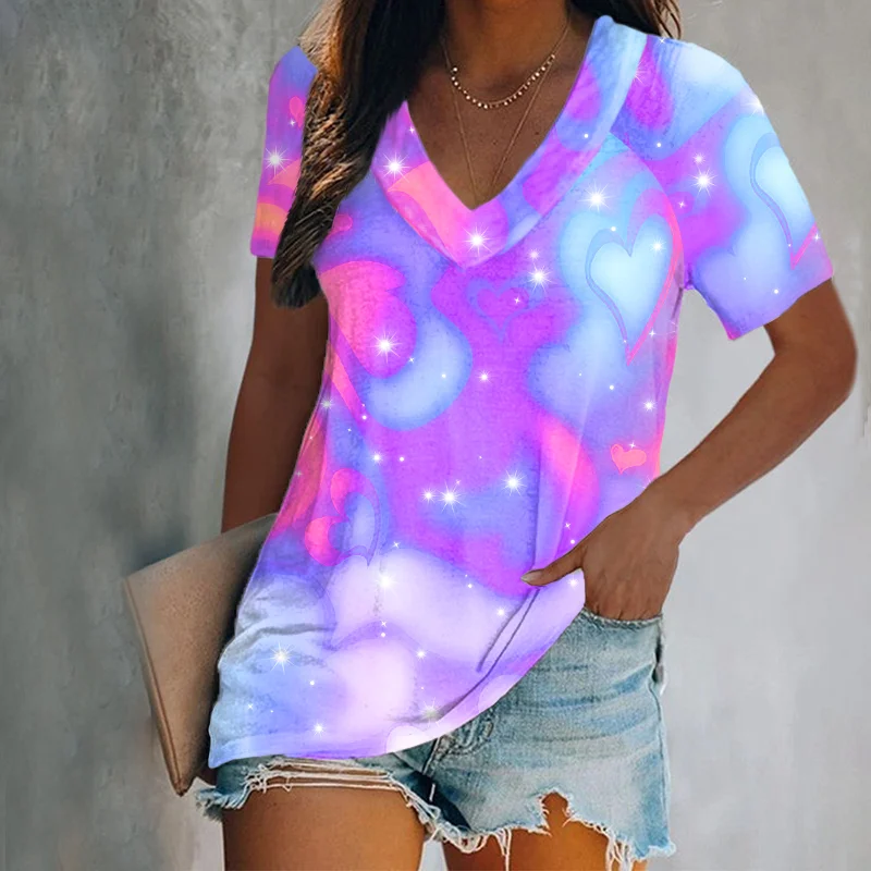 Heart Graphic Purple Tie-dye Printed T-shirt