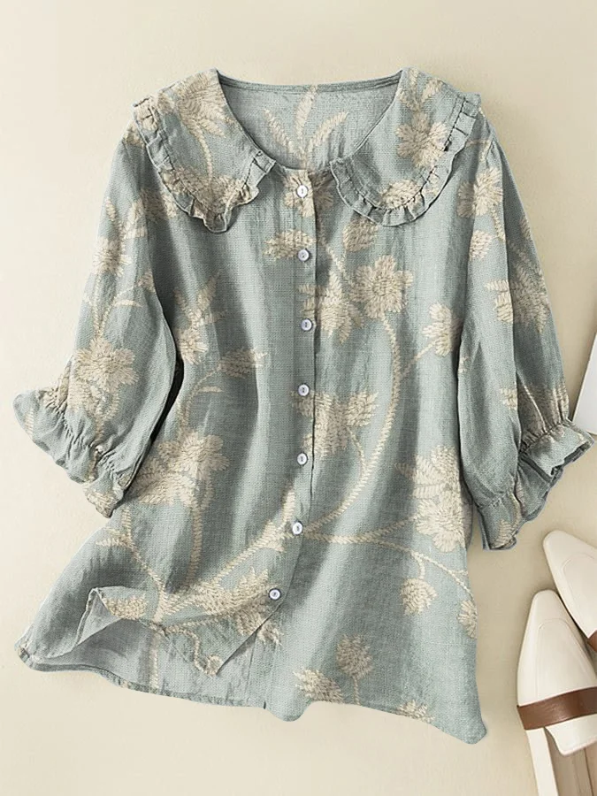 Vintage Floral Cotton and Linen Peter Pan Ruffle Collar Shirt
