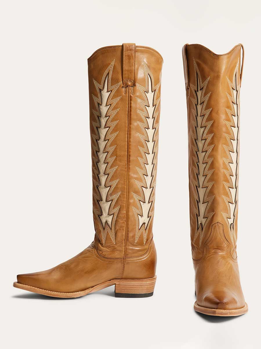 Stitching Flame Inlay Chunky Heel Snip Toe Cowgirl Boots in Brown