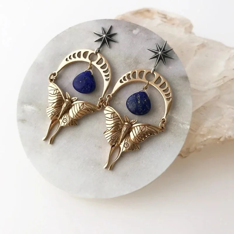 Vintage Metal Artisan Carved Animal Moth Earrings Handmade Hanging Lapis Lazuli Women Gold Color Drop Earrings