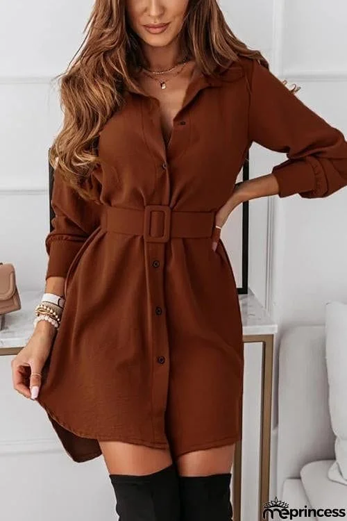 Button Long Sleeve Shirt Mini Dress With Belt