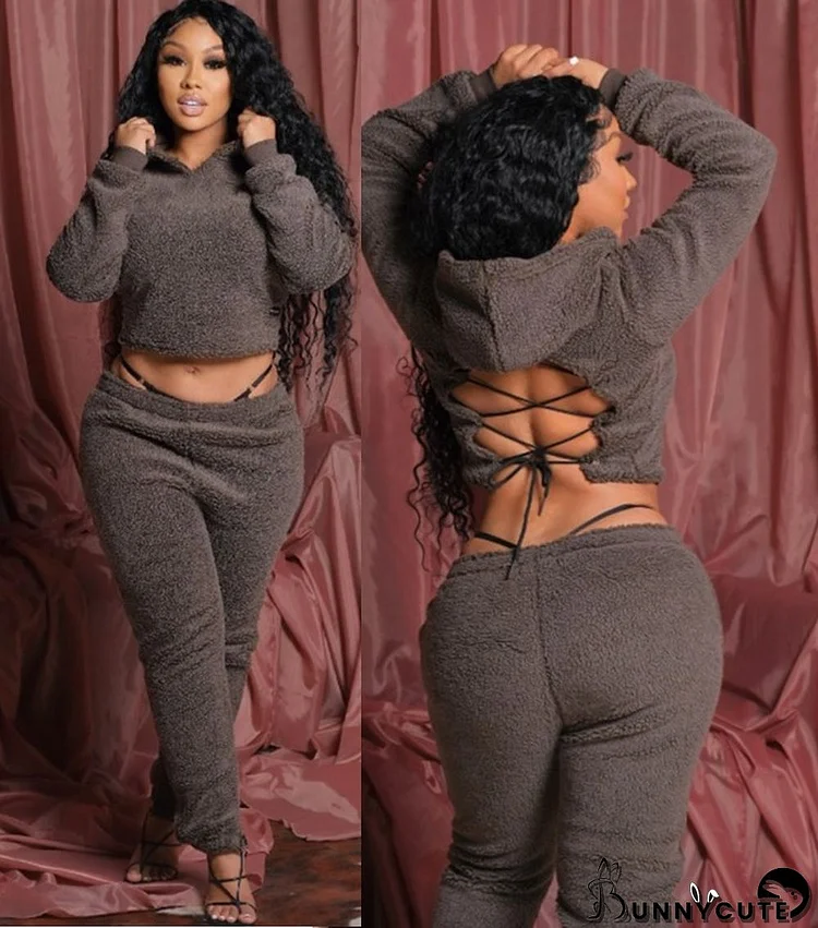 Plus Size Women Sherpa Backless Hood Top and Pant Two Piece Set