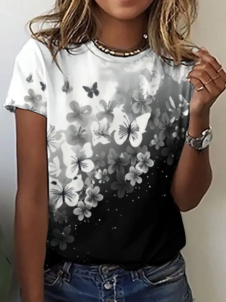 Printed Short Sleeve Casual T-shirt for  Women and Men Unisex Pattern Floral, Black, Butterfly