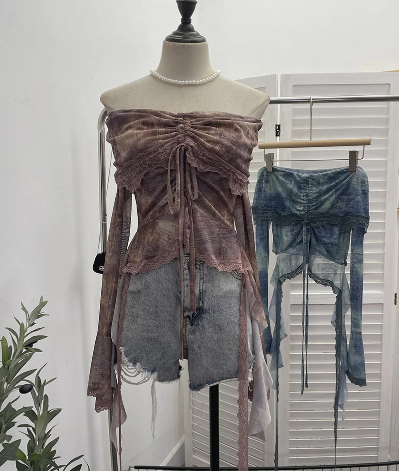 Churchf Small-Sized Old-Fashioned Green Shoulder Horn Sleeve Blouse Dye Net Yarn Lace Draw Rope Short T-Shirt 8010