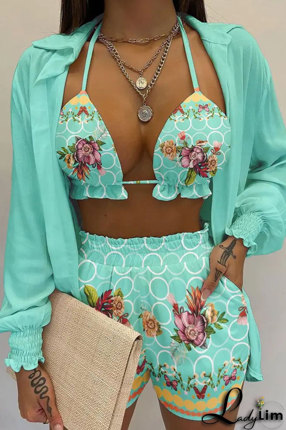 Yellow Sexy Print Patchwork Turndown Collar Long Sleeve Three Pieces