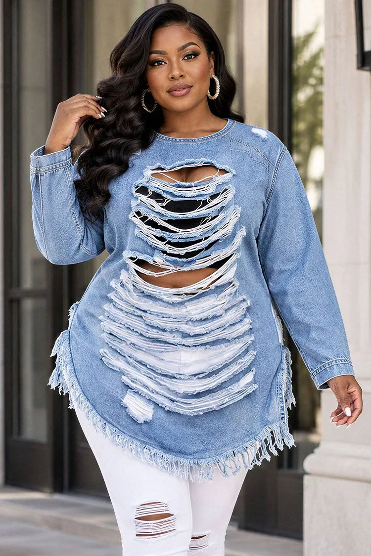 Xpluswear Design Plus Size Party Blue Round Neck Long Sleeve Distressed Denim Blouses [Pre-Order] 2024 - Xpluswear