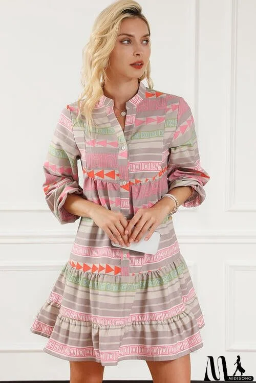 MidiSono - Tiered Notched Balloon Sleeve Buttoned Dress