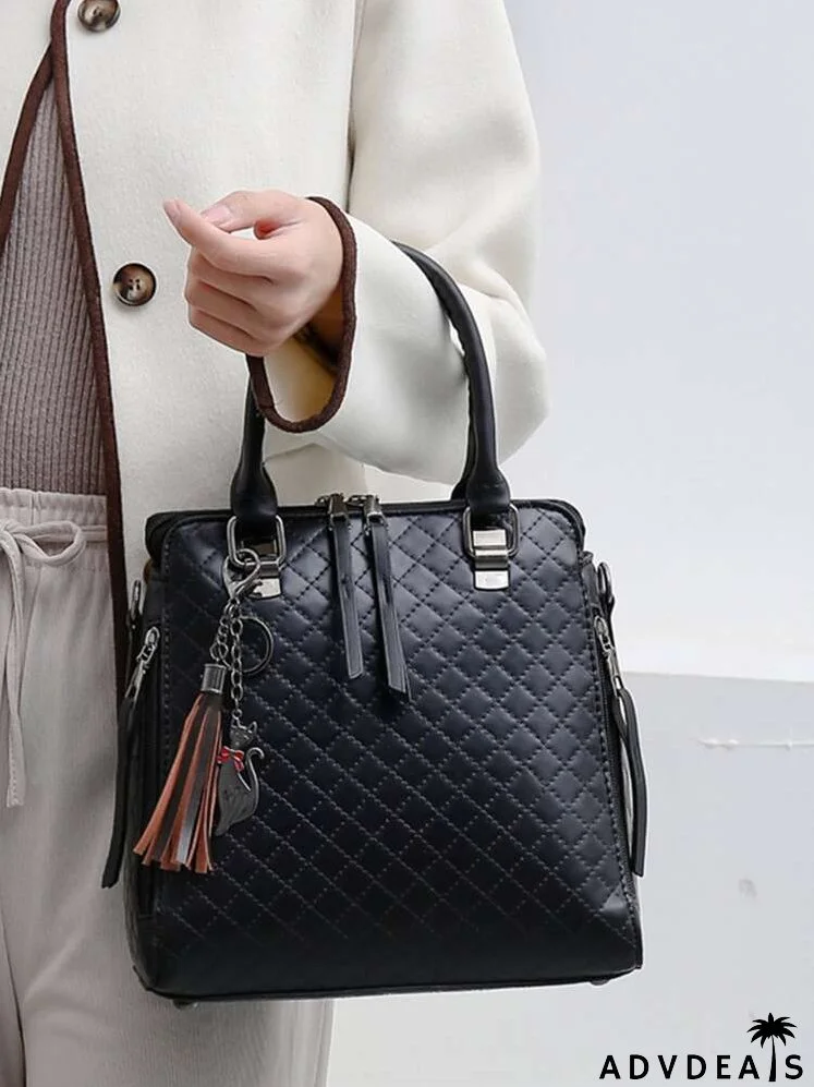 4pcs Tassel Decor Quilted Top Handle Bag Set