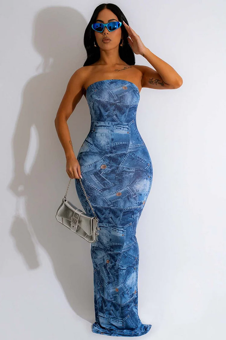 Denim Print Strapless Bodycon Slit Maxi Dresses