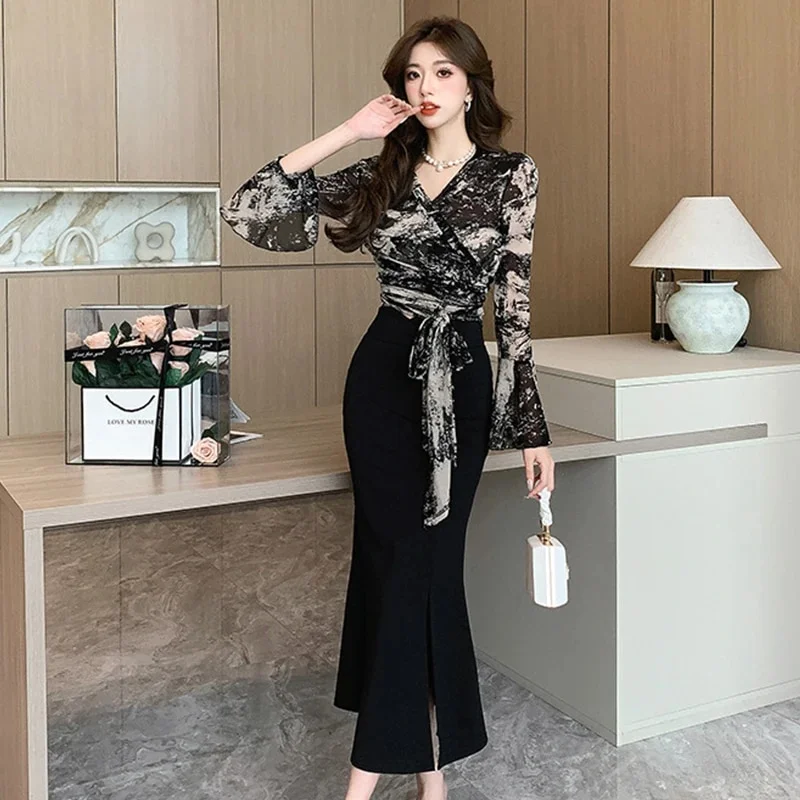Wongn 2 Pieces Outfit Women Clothes Elegant Print V-Neck Wrap Lace-up Tops Shirt Blouse Black High Waist Midi Skirt Mujer Slim Set