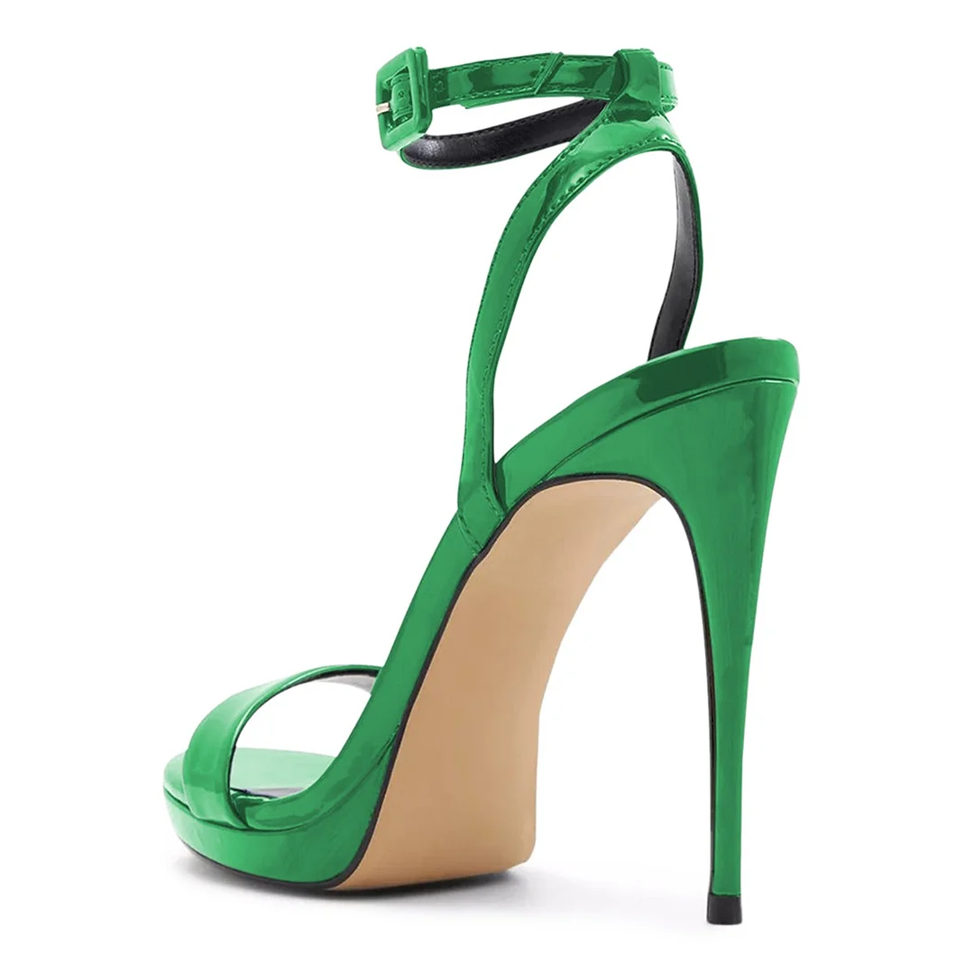 Green Open Round Toe Platform Ankle Strap Buckle Heeled Sandals