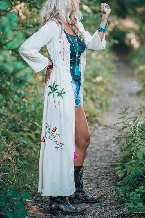 Embroidery Button Long Cardigan