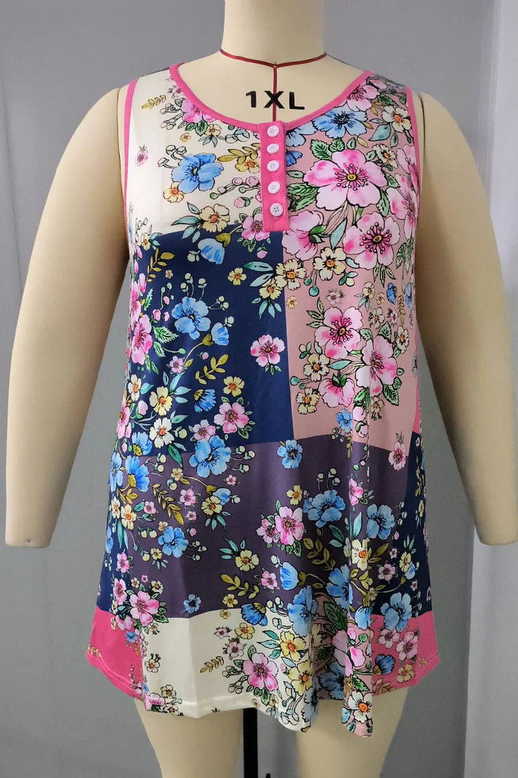 Plus Size Boat Neck Button Up Floral Print Sleeveless Tank Top  Flycurvy [product_label]